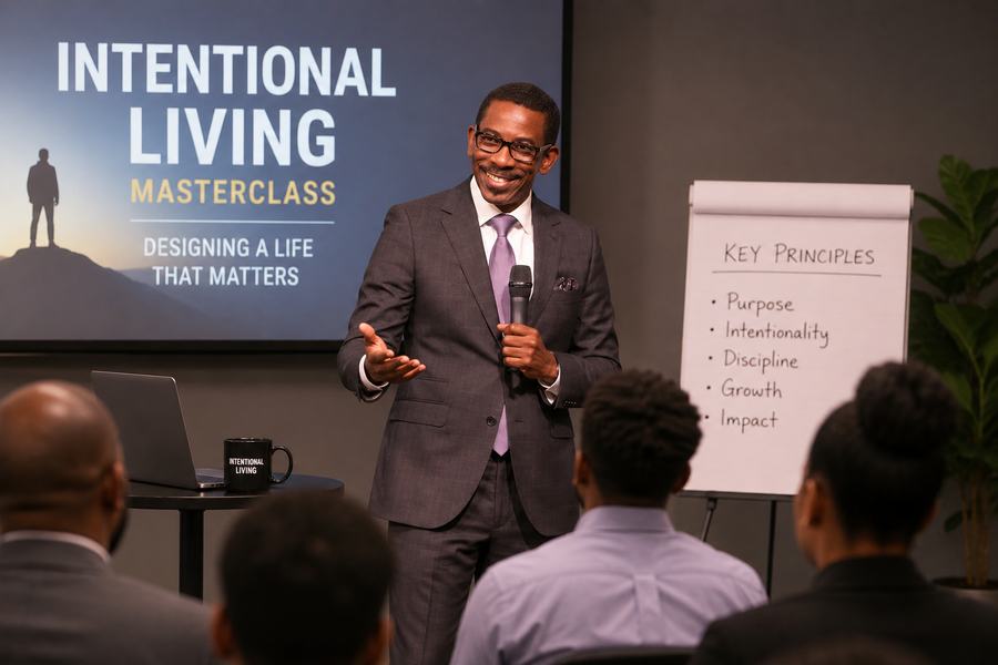 Dr. Kwame Gilbert facilitating a leadership workshop with a flip chart of key principles